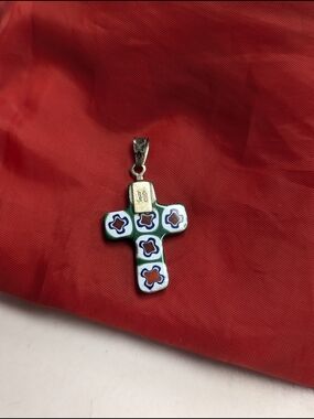 Murano-Style Green Enamel Cross Pendant - Unbranded